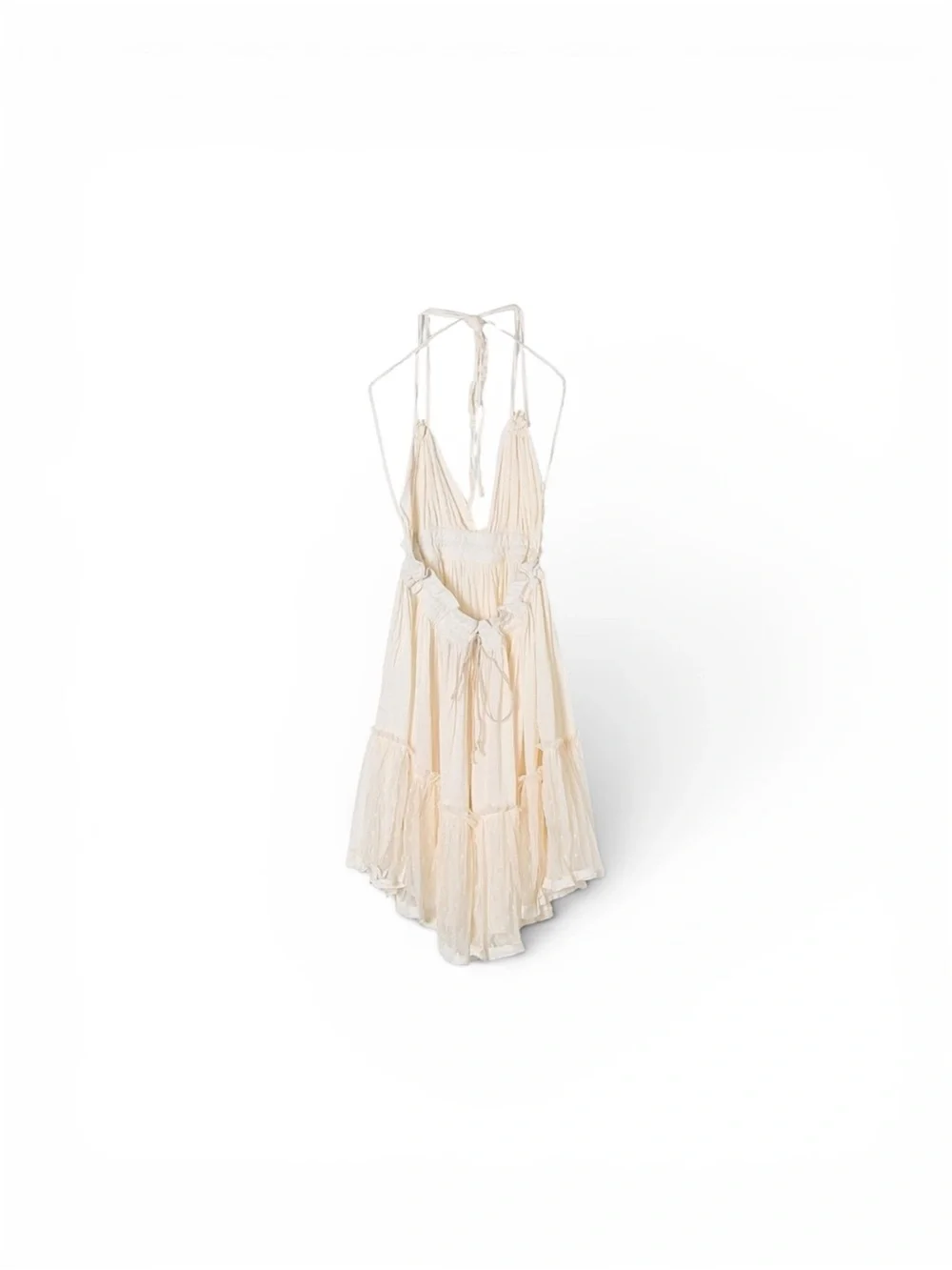 Plunging V-Neck Cream Mini Dress with Tiered Skirt